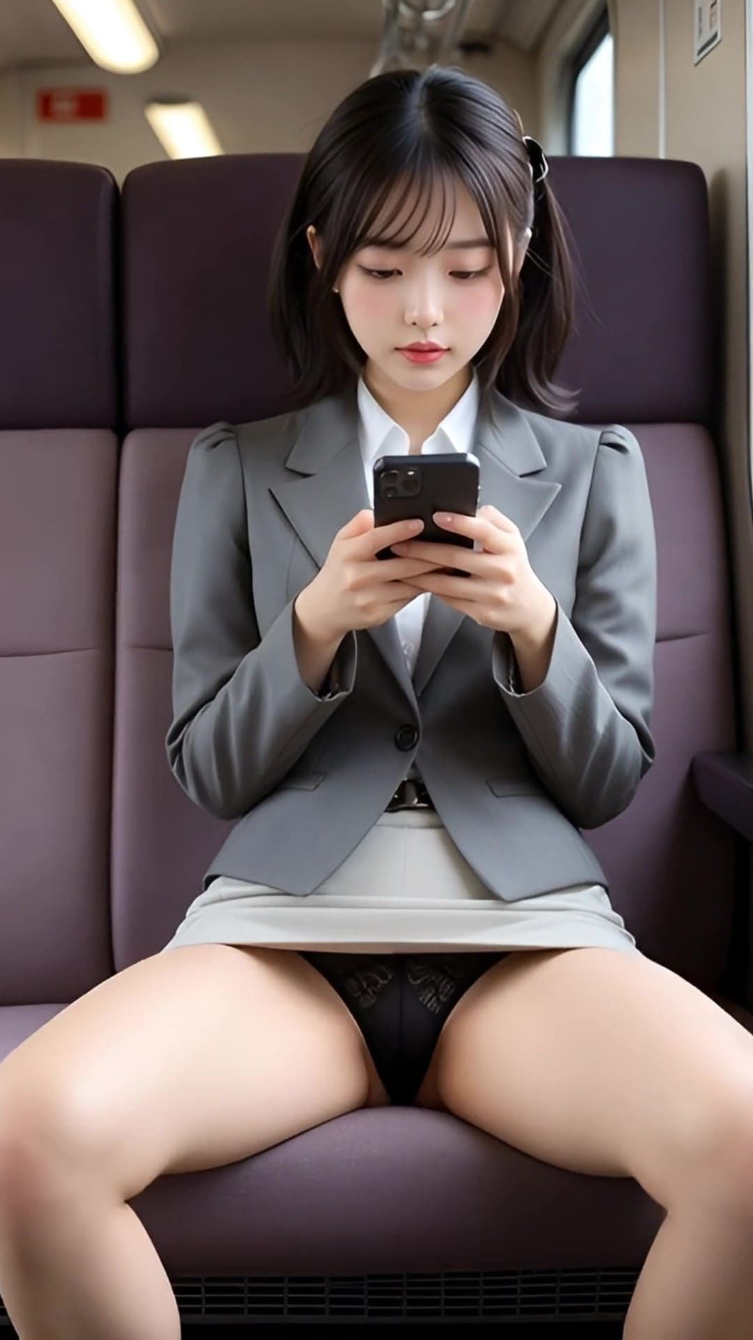 揺れる電車内、スマホに夢中な女子たちの無防備に開く美脚からパンチラ拝見！ - サンプル画像 4