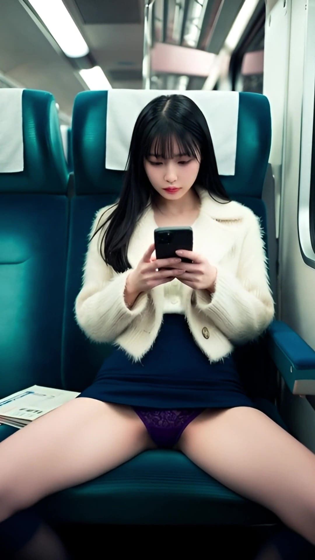 揺れる電車内、スマホに夢中な女子たちの無防備に開く美脚からパンチラ拝見！ - サンプル画像 5