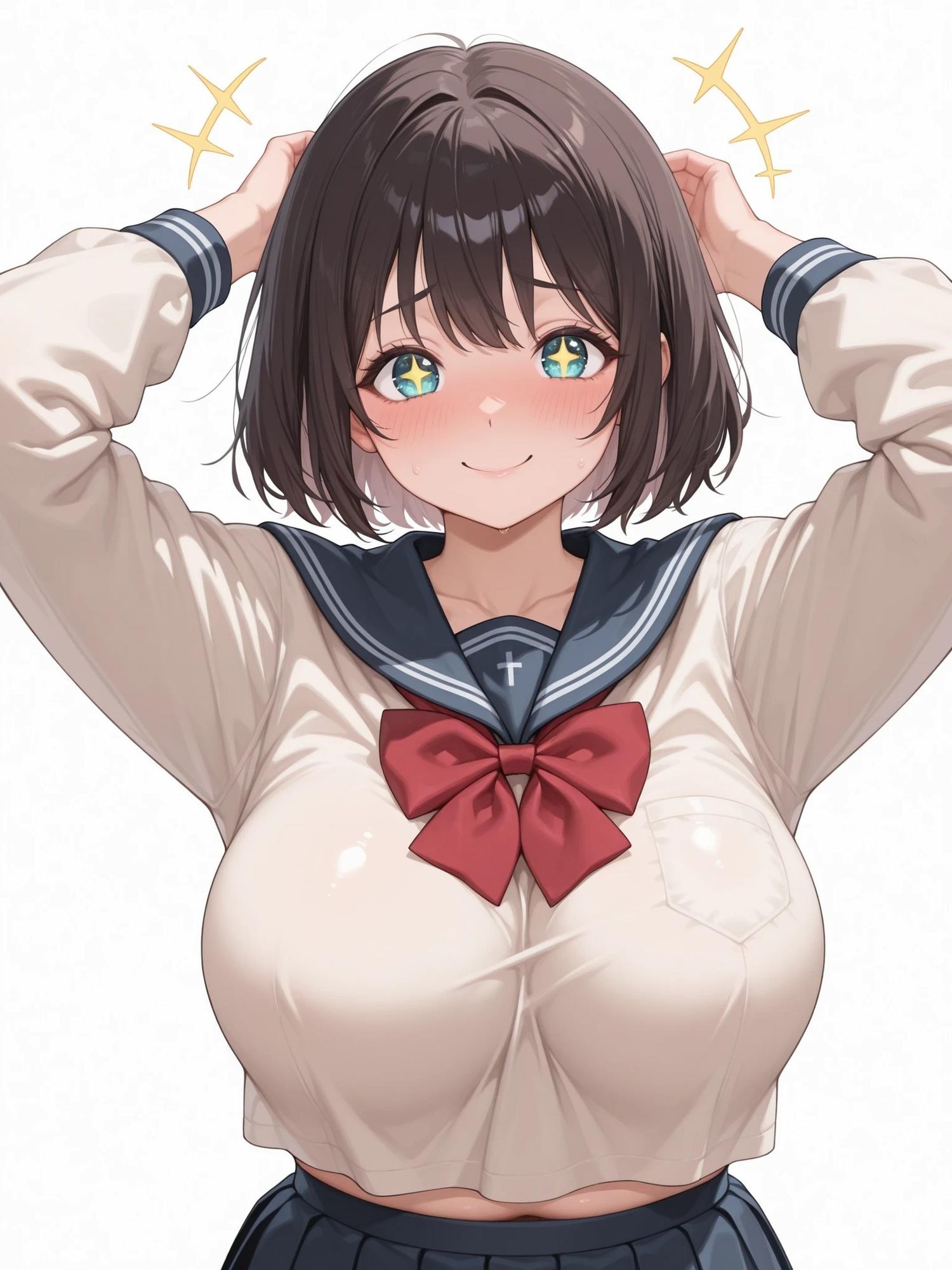 茶髪ショート爆乳制服美女の主観ハメ撮りAIイラスト集 - サンプル画像 2