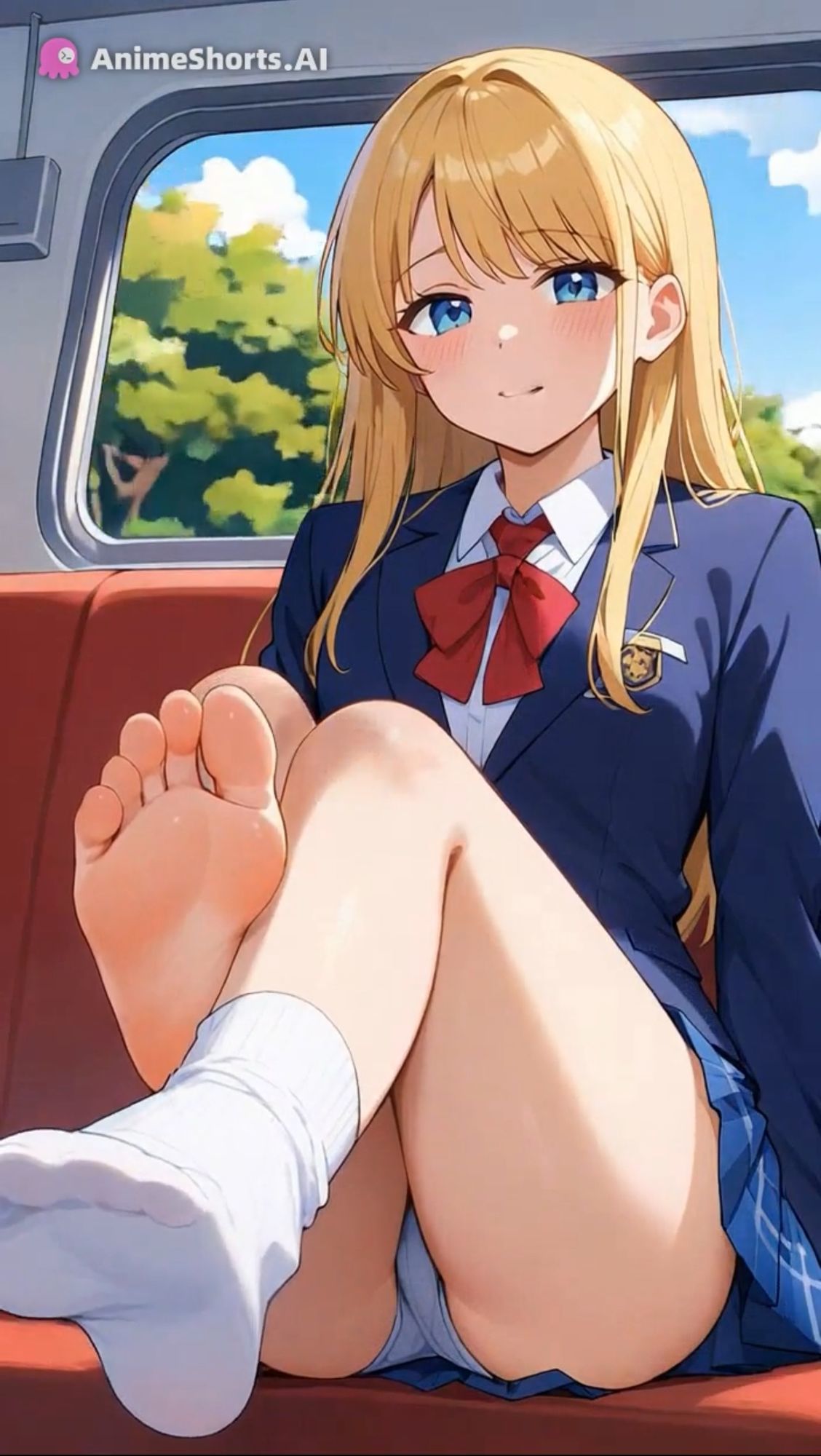 【セリフ音声付きアニメ4分35秒】足コキでオナサポ！えちえちバスに乗ると、ピチピチなミニスカ制服ギャルさんたちがご奉仕してくれます！パンティー、ブルマ、太もも、足の裏、ダボダボのルーズソックス、紺色靴下、素脚、お尻・・・ - サンプル画像 2