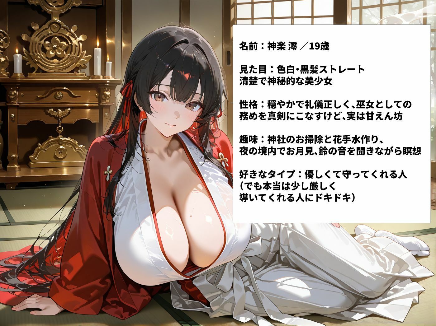 爆乳巫女さんを神聖な寺部屋でハメまくった一部始終 - サンプル画像 1
