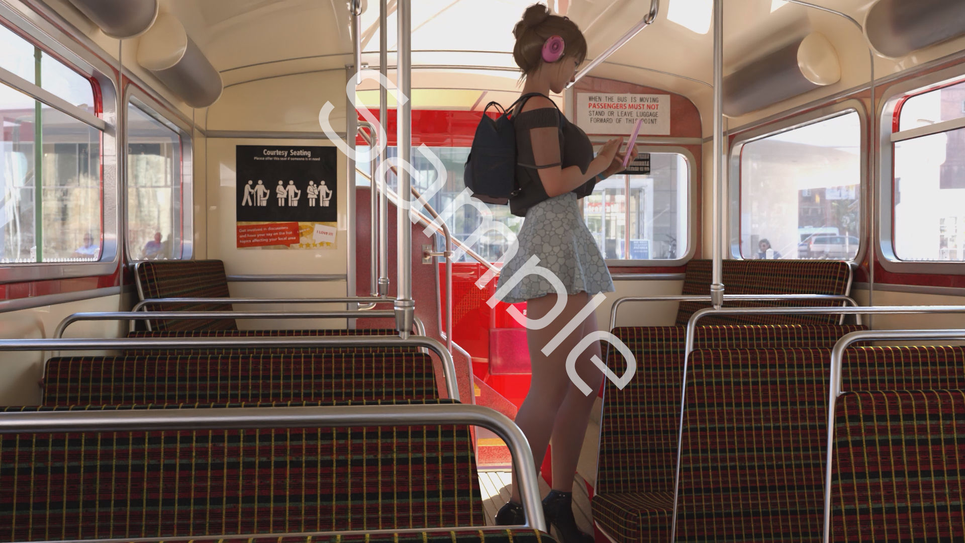 一ノ瀬廻里・私服登校日の通学途中のバス内でスカート内逆さ撮り盗撮の被害に遭う:フロント版PV03（サテン黒地ピンク水玉パンティ） - サンプル画像 2