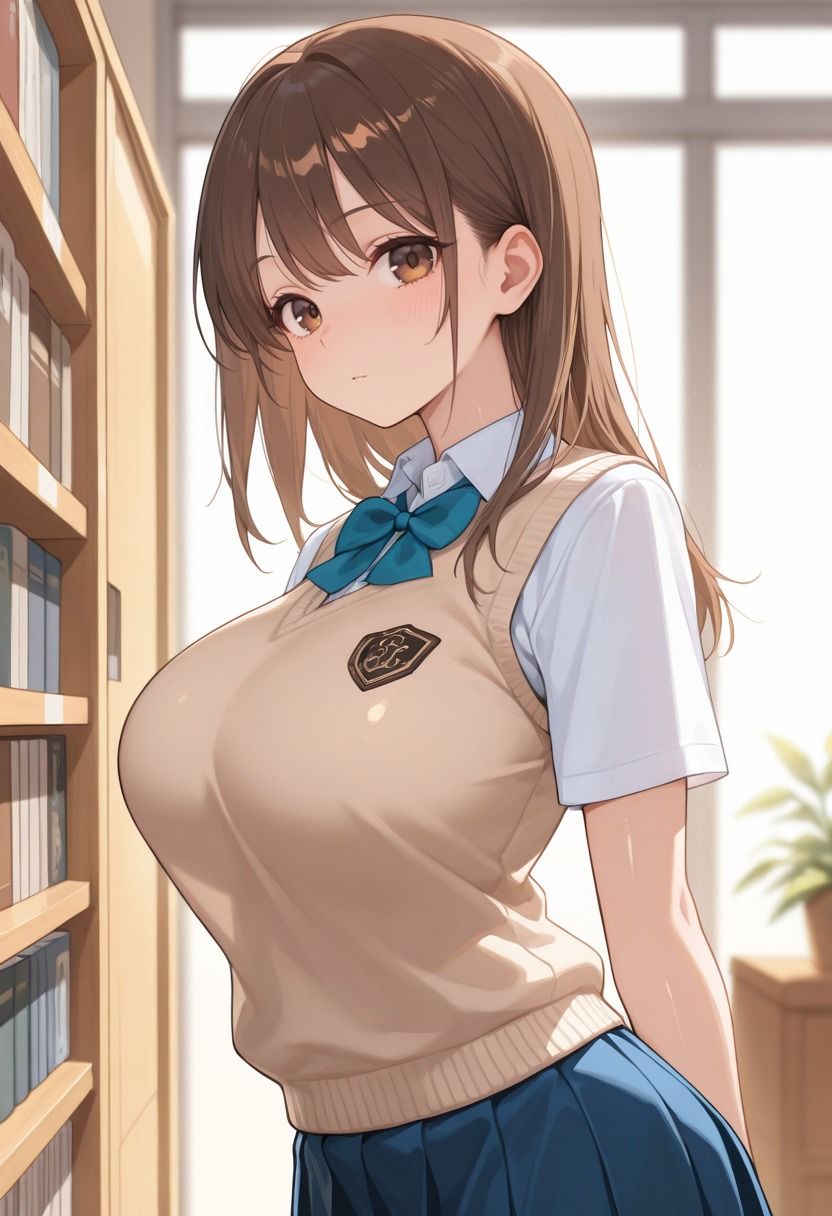 爆乳学園 図書室で即ハメ 声が漏れ出す敏感JK - サンプル画像 1