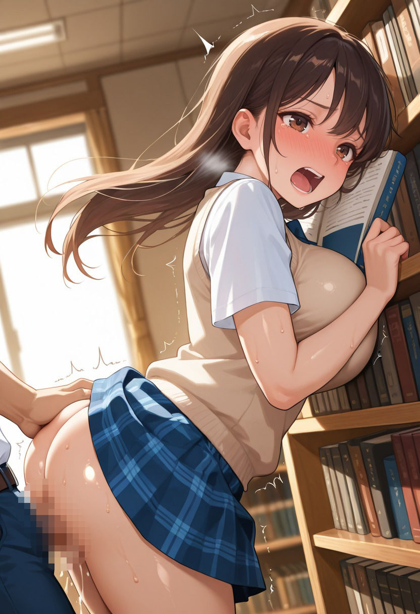 爆乳学園 図書室で即ハメ 声が漏れ出す敏感JK - サンプル画像 8