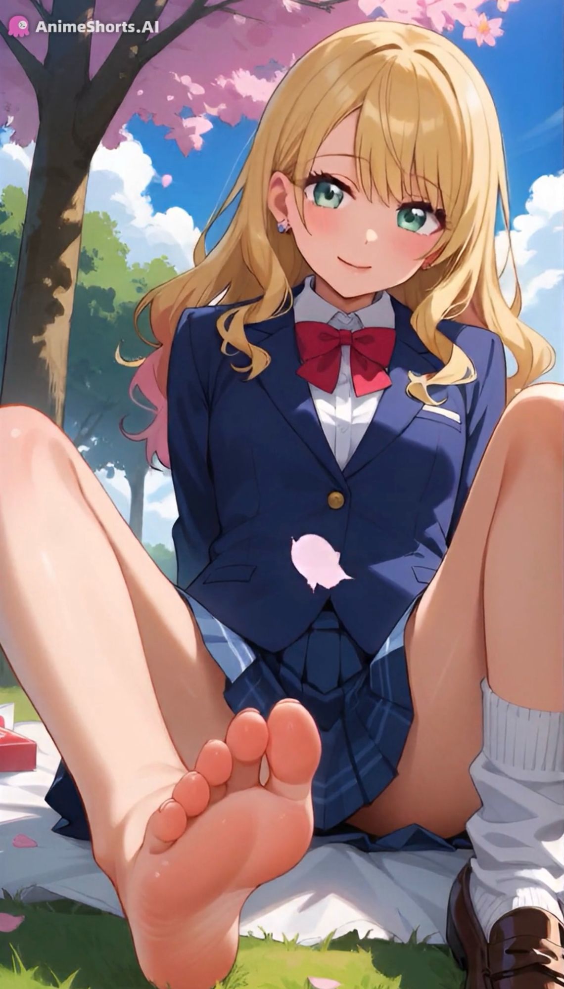 【セリフ音声付きアニメ4分36秒】足コキでオナサポ！エッチなお花見で、ミニスカ制服ギャルさんたちが「娘別（こべつ）」でアナタにご奉仕してくれます！パンティー、ブルマ、ムチムチな太もも、足の裏、ダボダボのルーズソックス、ピチピチな素脚、お尻・・・ - サンプル画像 2