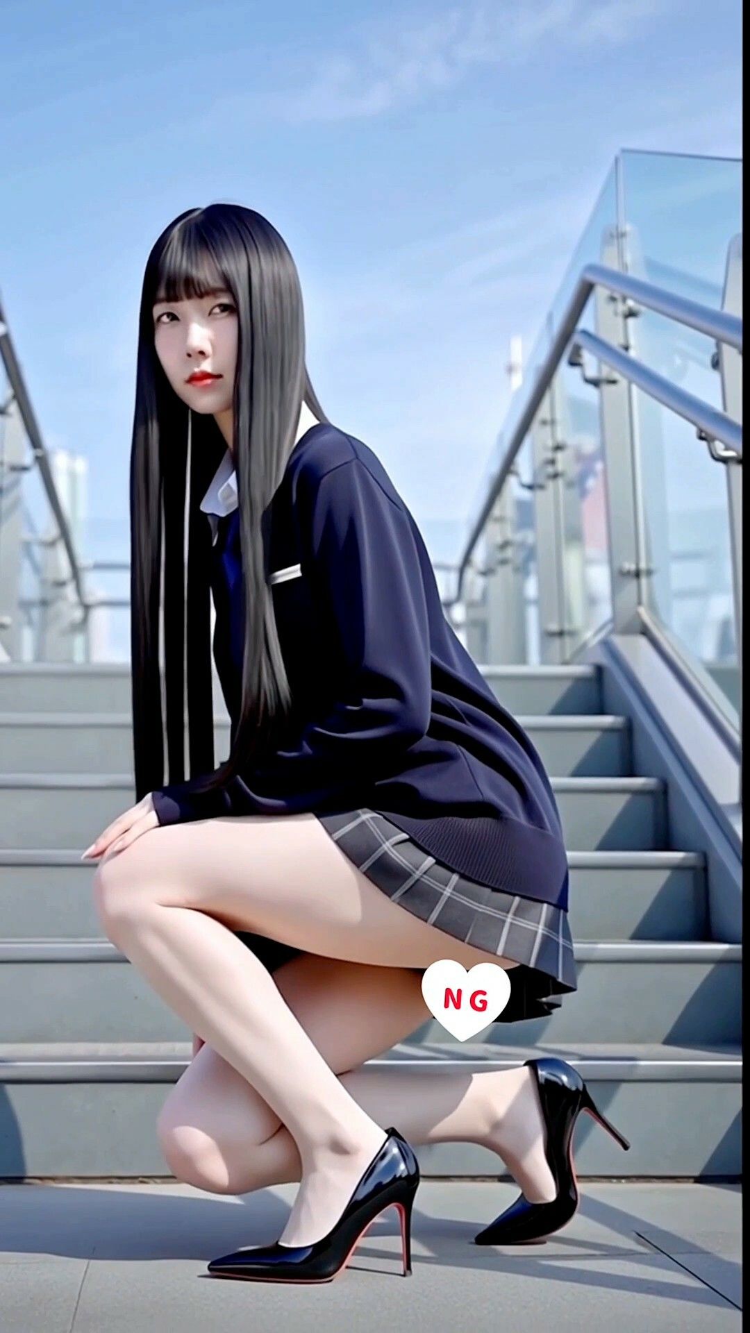 【実写風AIモデル】超スレンダー黒髪ロング×ハイヒール美脚ショートムービー - サンプル画像 1