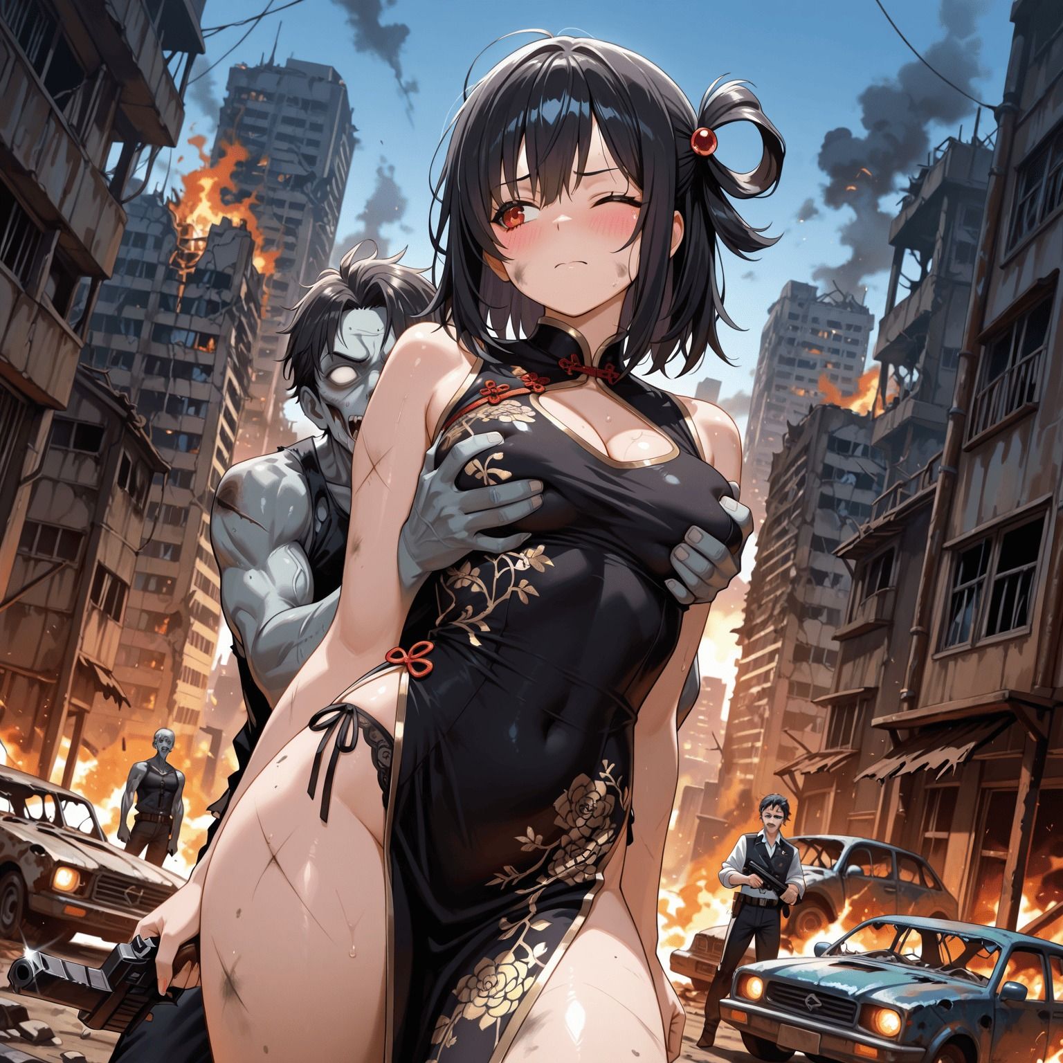 虚構世界で黒髪チャイナドレス少女の観察 ゾンビ編 - サンプル画像 1