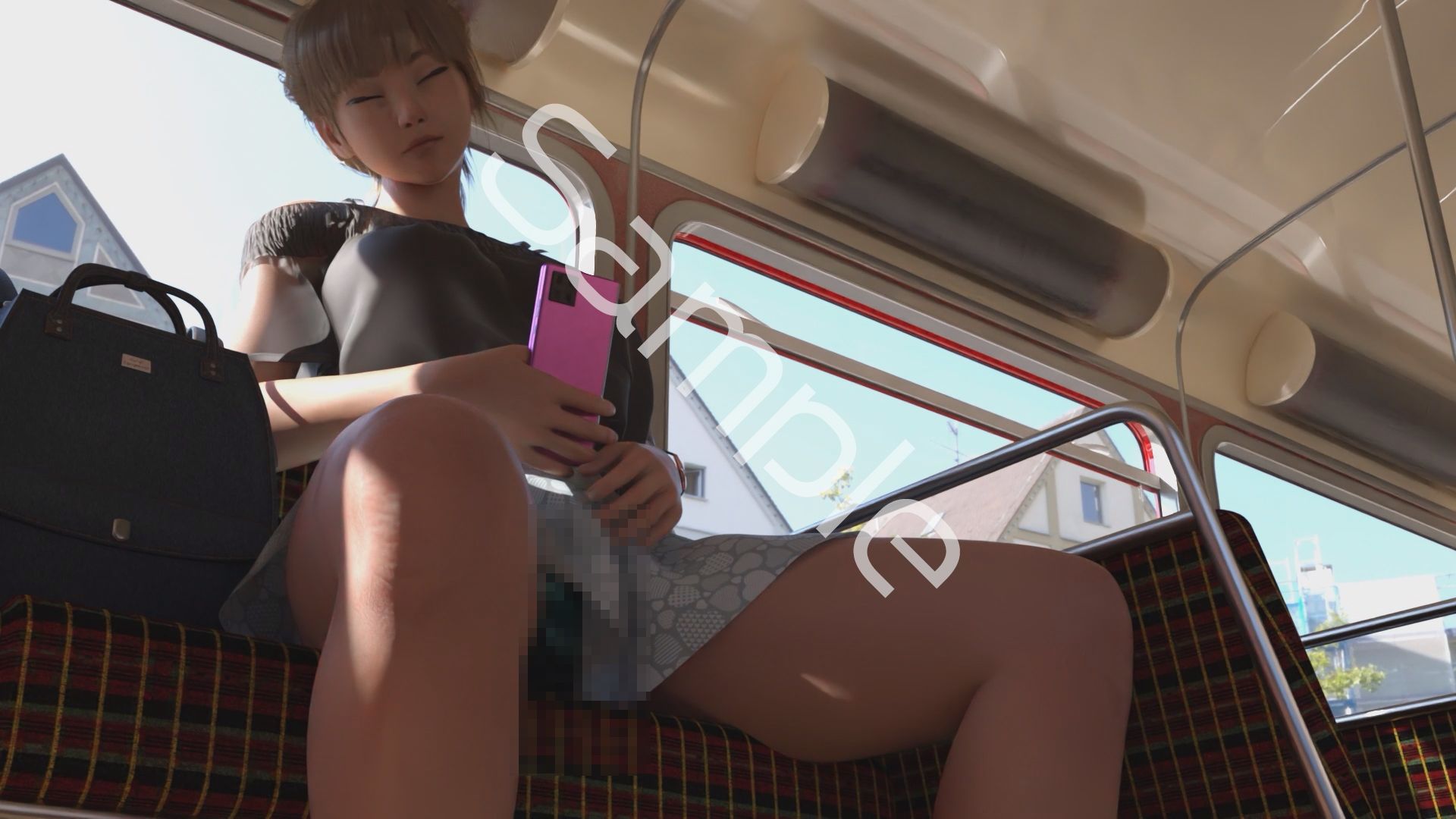 一ノ瀬廻里・私服登校日の通学途中のバス内でスカート内盗撮の被害に遭う:居眠り版PV02（サテン地エレガントな緑色パンティ） - サンプル画像 2