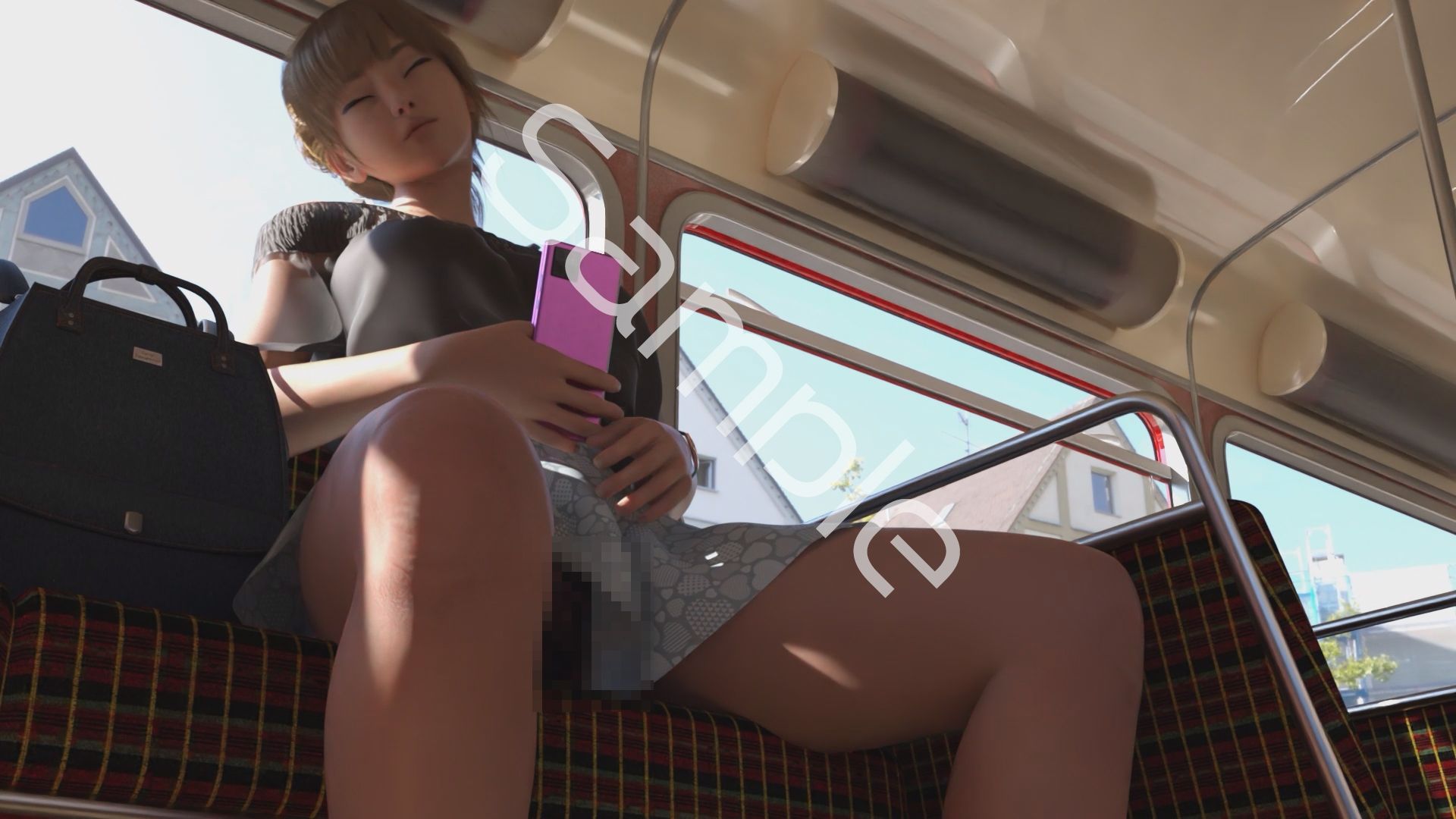 一ノ瀬廻里・私服登校日の通学途中のバス内でスカート内盗撮の被害に遭う:居眠り版PV05（黒いレーシーなパンティ） - サンプル画像 1