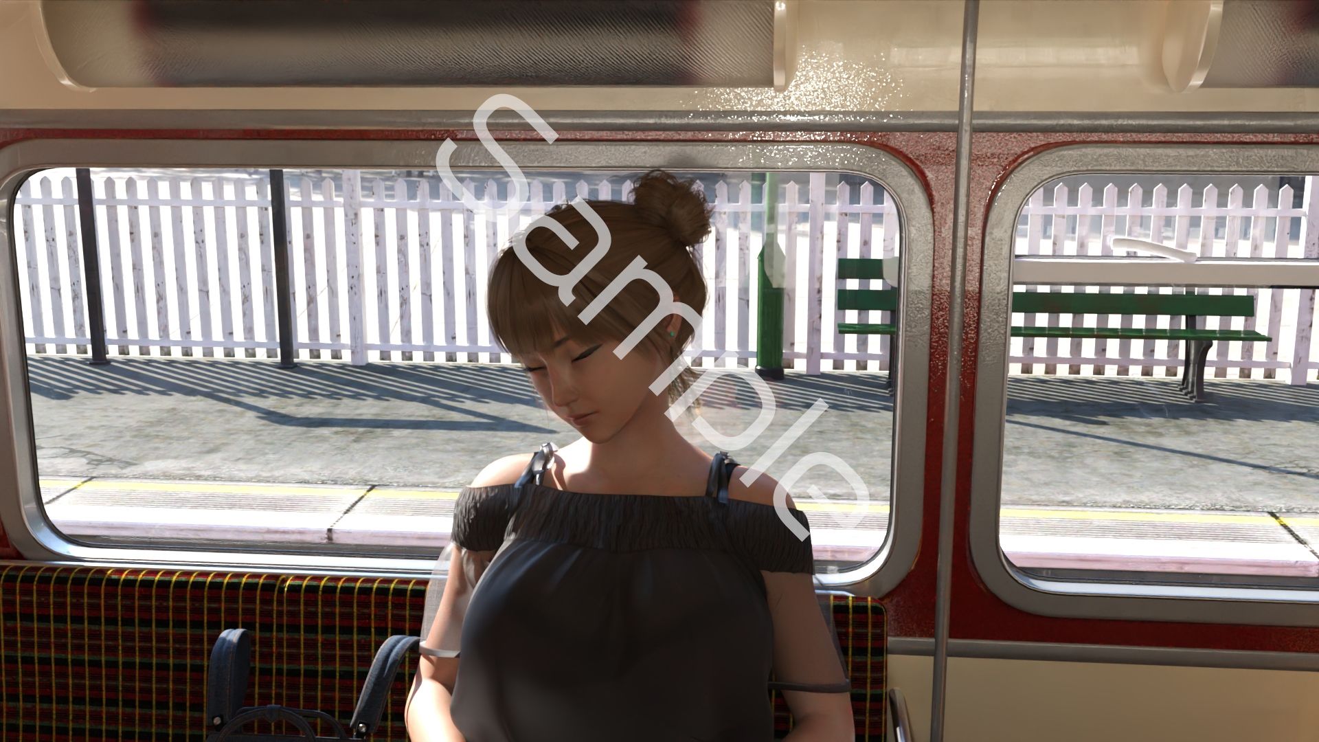 一ノ瀬廻里・私服登校日の通学途中のバス内でスカート内盗撮の被害に遭う:居眠り版PV05（黒いレーシーなパンティ） - サンプル画像 3