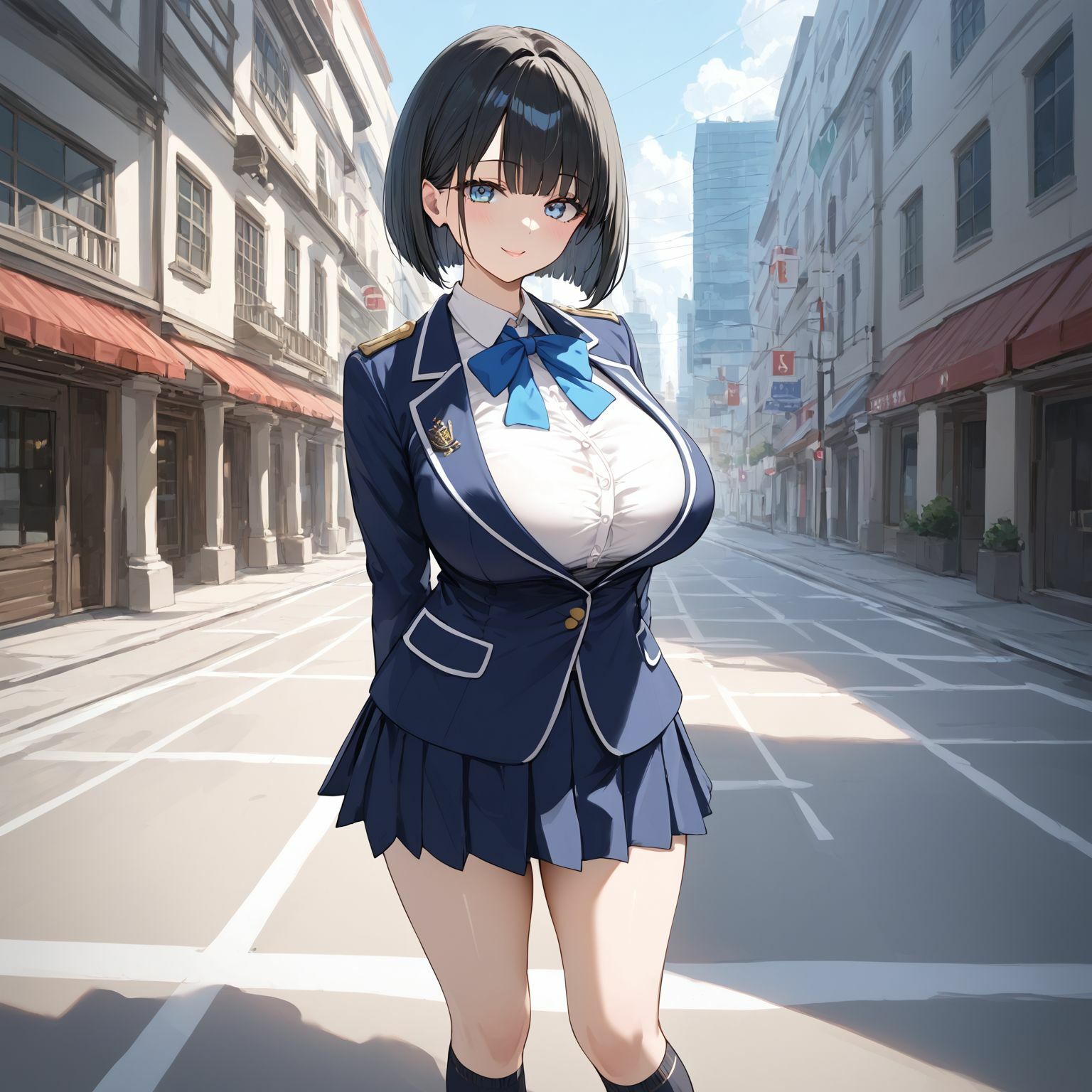 黒髪ボブの制服美女が群がるおじさんたちにご奉仕 - サンプル画像 1