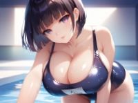 緑色ロングでセーラー服を着た女の子と黒髪ボブスタイルで水着の女の子 - サンプル画像 1