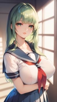緑色ロングでセーラー服を着た女の子と黒髪ボブスタイルで水着の女の子 - サンプル画像 4