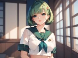 ボブスタイル髪でセーラーを着た黒髪と緑髪の女の子 - サンプル画像 1