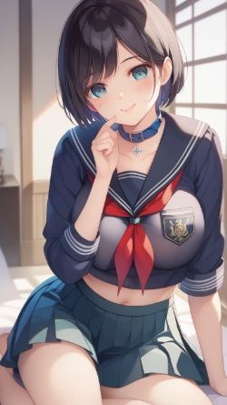 ボブスタイル髪でセーラーを着た黒髪と緑髪の女の子 - サンプル画像 4