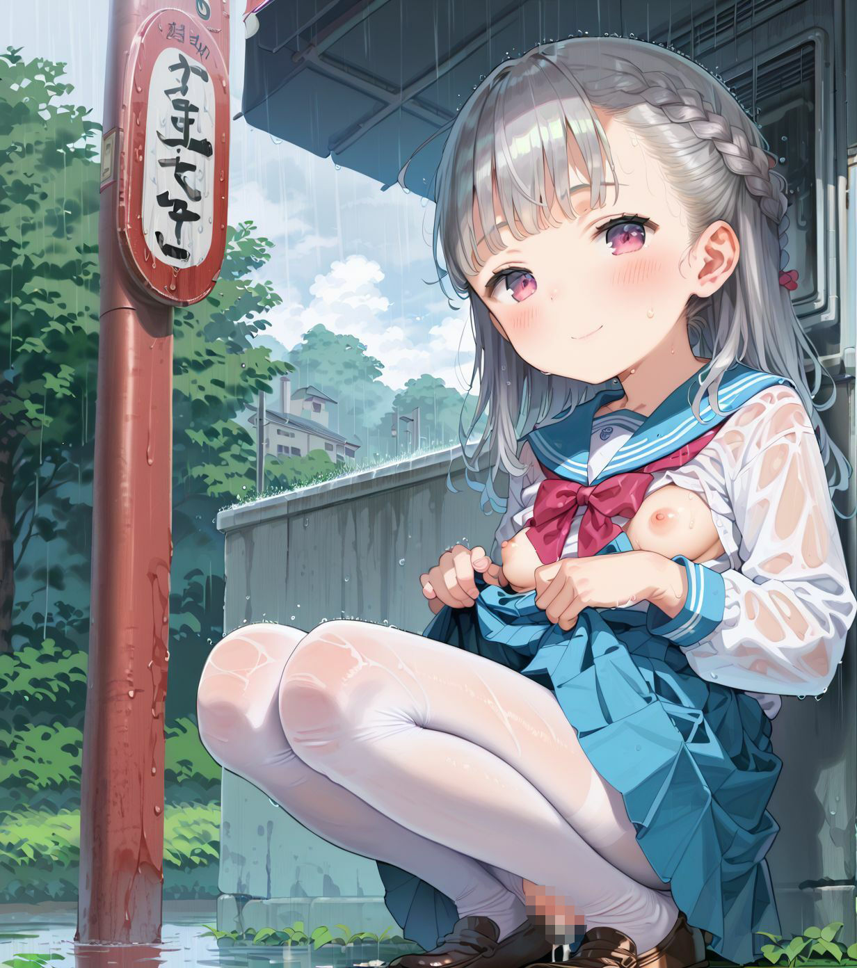 制服ちっぱい少女、バス停で雨宿り05 - サンプル画像 1