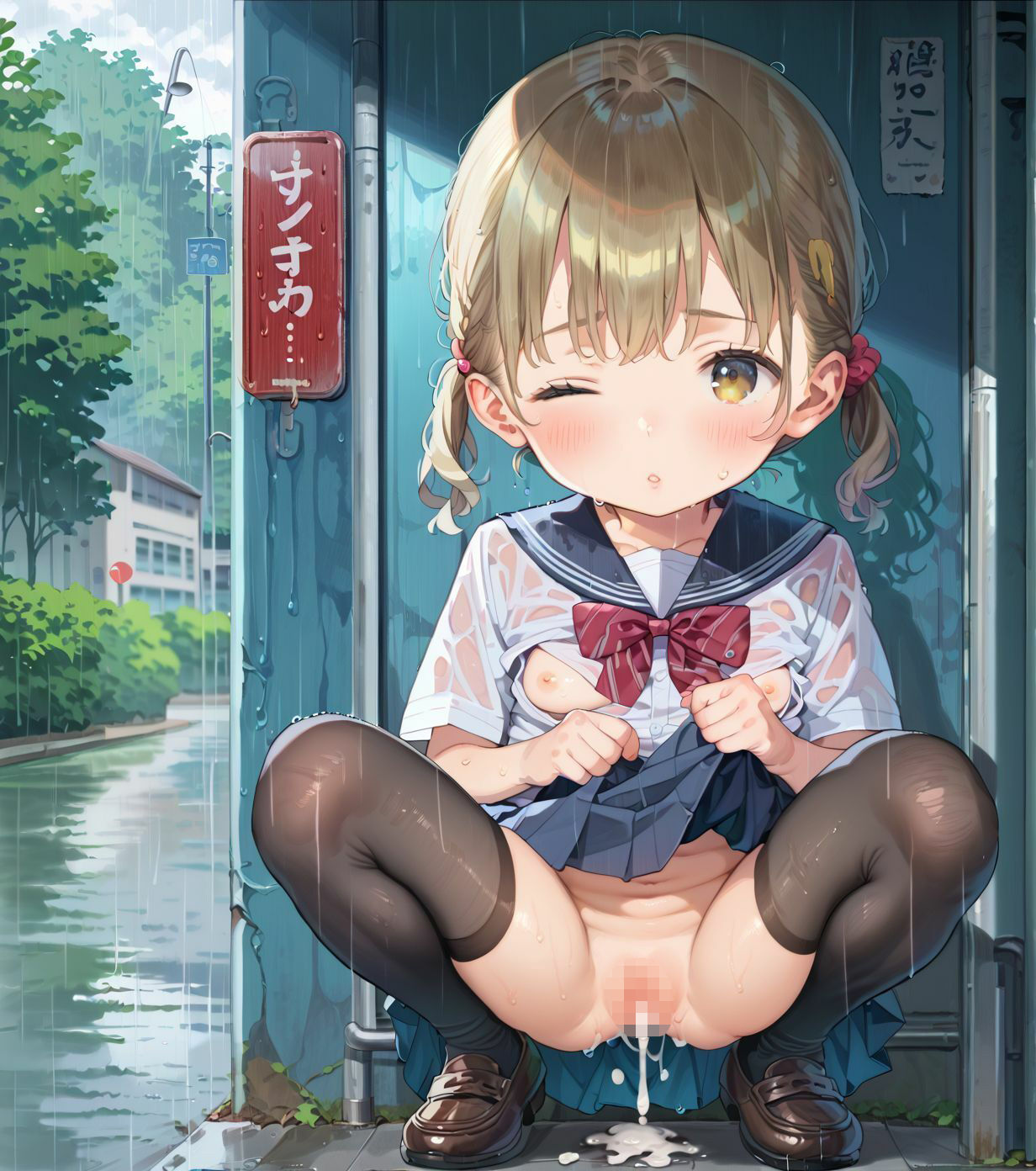 制服ちっぱい少女、バス停で雨宿り05 - サンプル画像 3