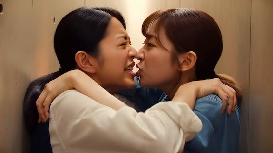 （ボイス有り）壁に挟まれ身動きが取れない中で鼻と鼻がぶつかって言い争いになるふたり。 - サンプル画像 1