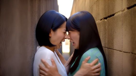 （ボイス有り）壁に挟まれ身動きが取れない中で鼻と鼻がぶつかって言い争いになるふたり。