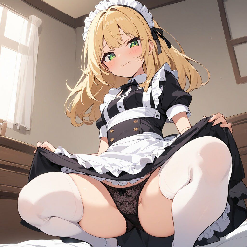 メイド服でしゃがみ＆またがりでパンチラ - サンプル画像 4