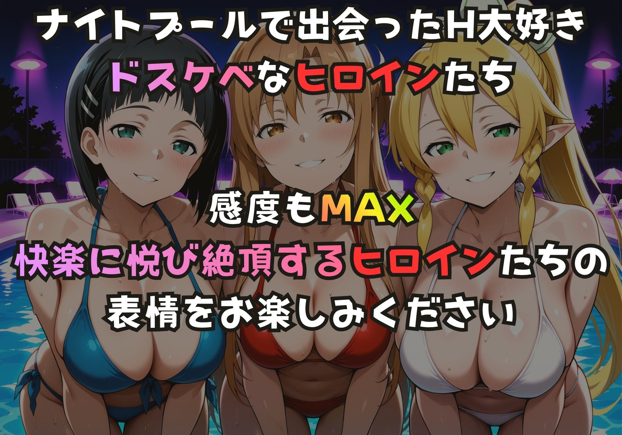 ナイトプールでガンギマるドスケベヒロイン ス〇ハ＆ア〇ナ＆リ〇ファ - サンプル画像 1