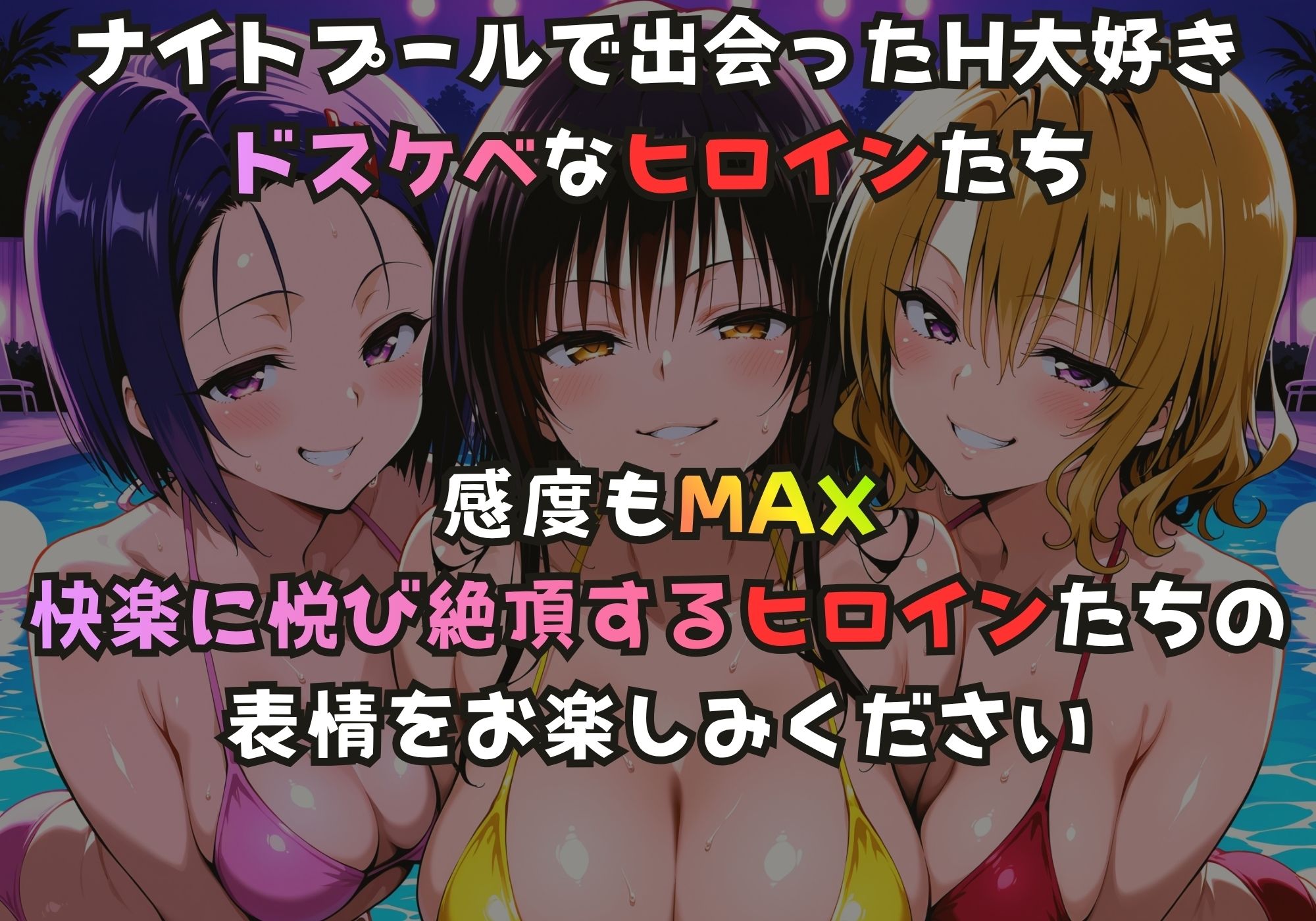 ナイトプールでガンギマるドスケベヒロイン 古手川〇＆西連寺〇菜＆籾岡〇紗 - サンプル画像 1