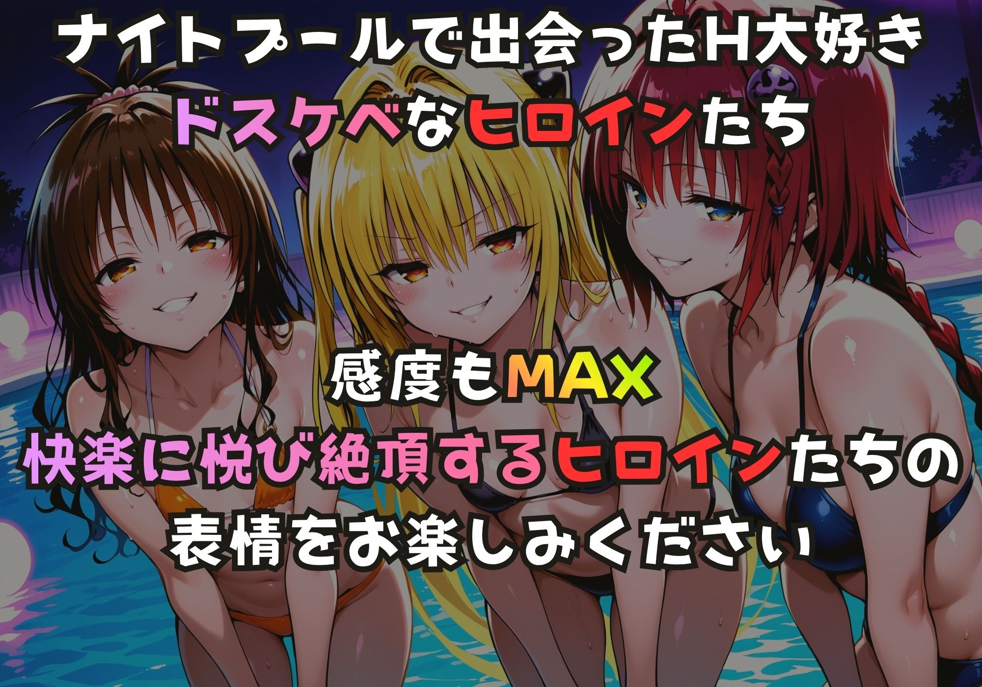 ナイトプールでガンギマるドスケベヒロイン 結城〇柑＆金色〇闇＆黒咲〇亜 - サンプル画像 1