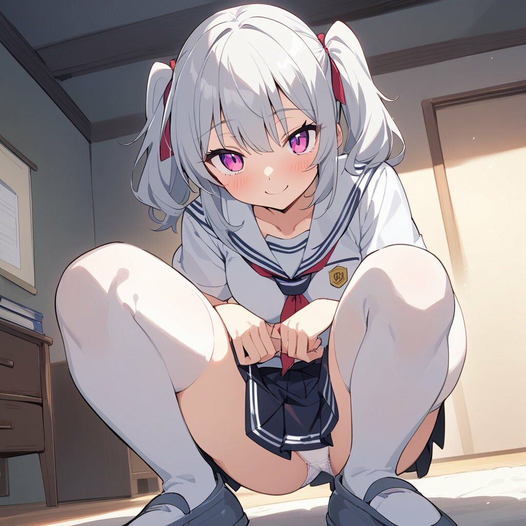 セーラー服でしゃがみ＆またがりでパンチラ - サンプル画像 1