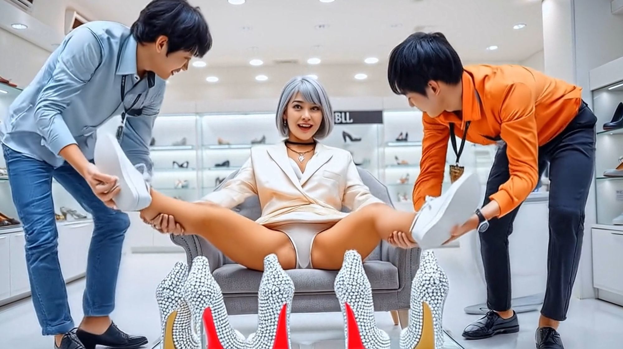 妄想20 お嬢様が靴屋でおっぴろげ 危険な靴屋 AI生成動画 - サンプル画像 1