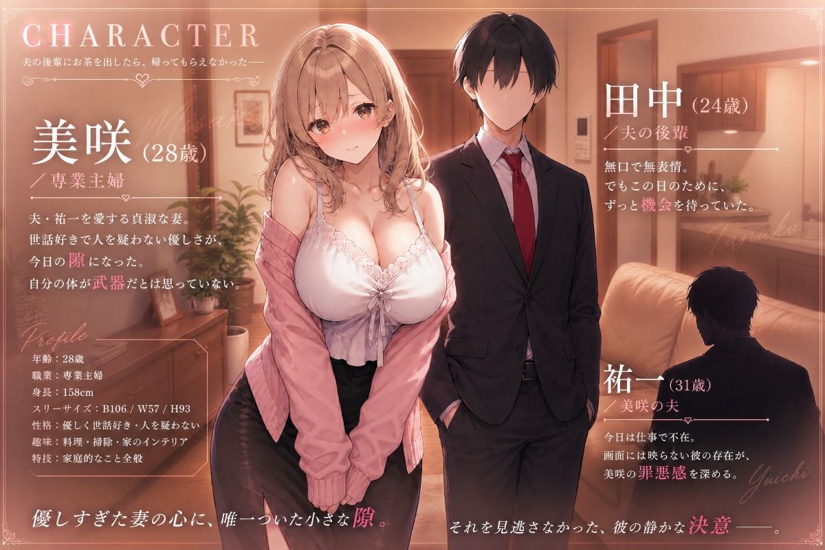 人妻・美咲28歳、夫の後輩にお茶を出したら帰してもらえなかった - サンプル画像 1