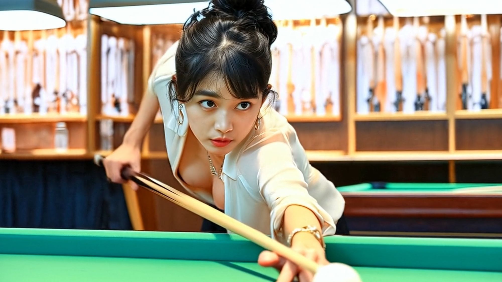 妄想21 ビリヤードで胸の谷間を見せつける美女 AI生成動画 - サンプル画像 4