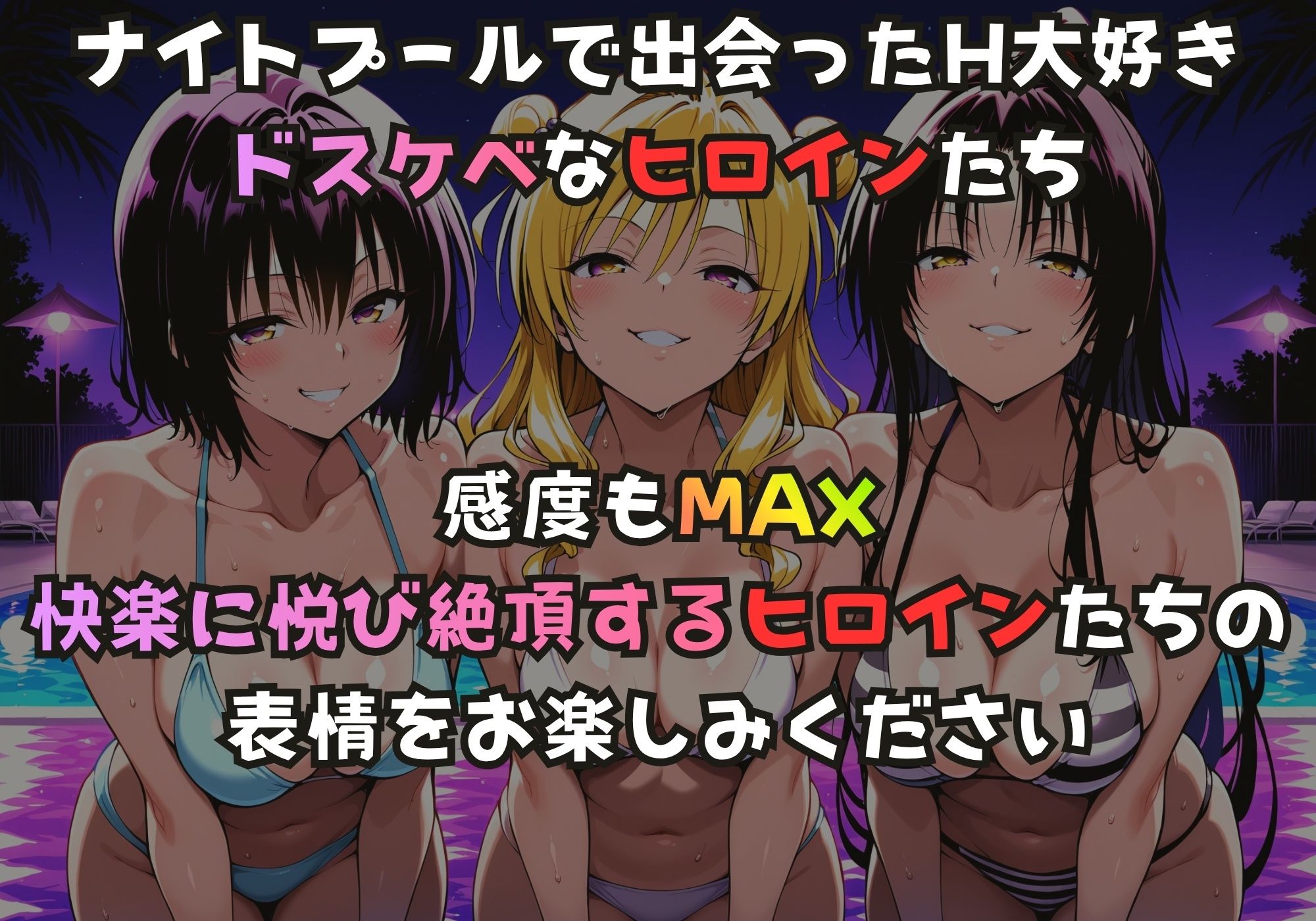 ナイトプールでガンギマるドスケベヒロイン 霧崎〇子＆天条院〇姫＆九条〇 - サンプル画像 1