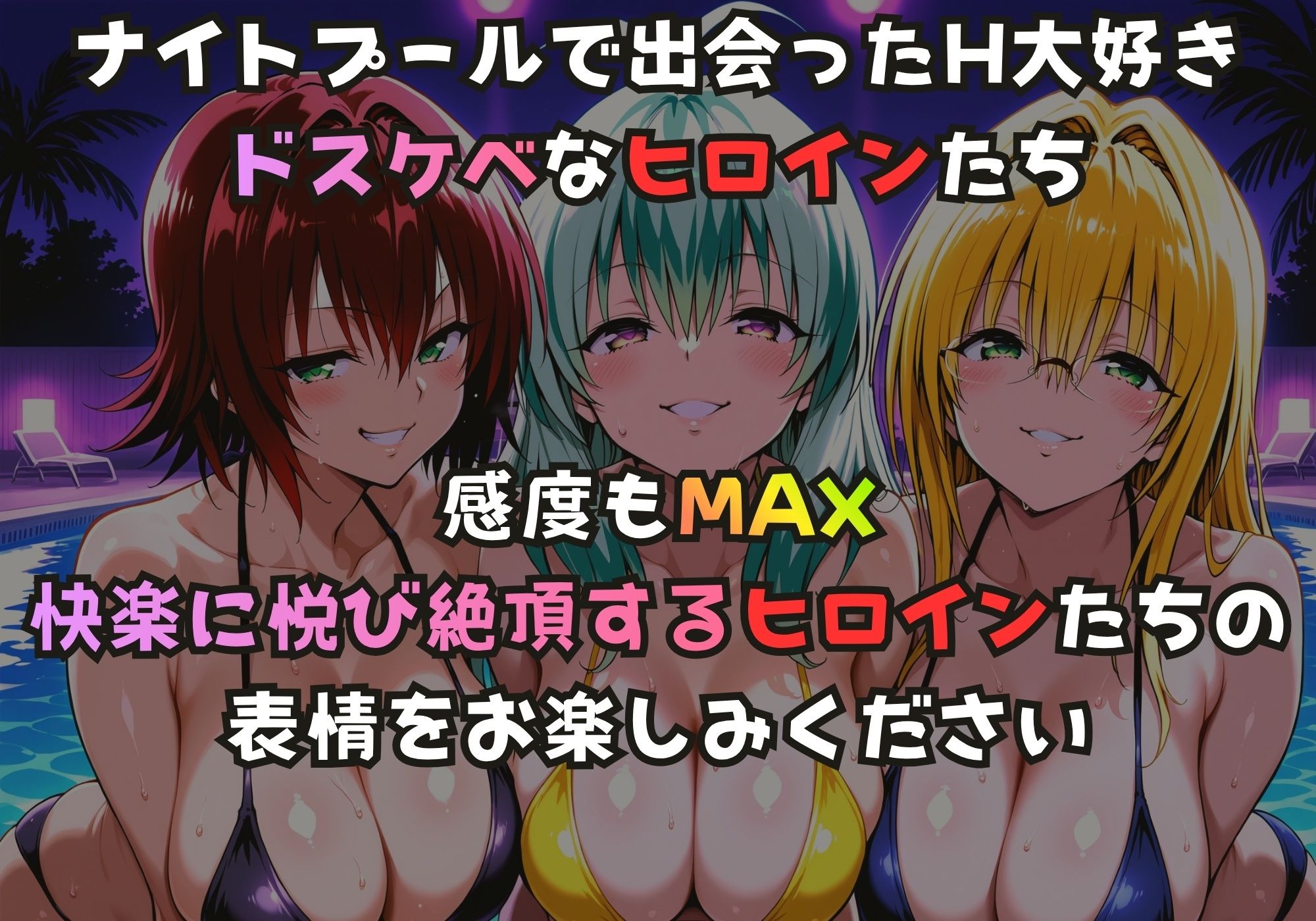 ナイトプールでガンギマるドスケベヒロイン 御門〇子＆ル〇＆ティア〇ユ - サンプル画像 1