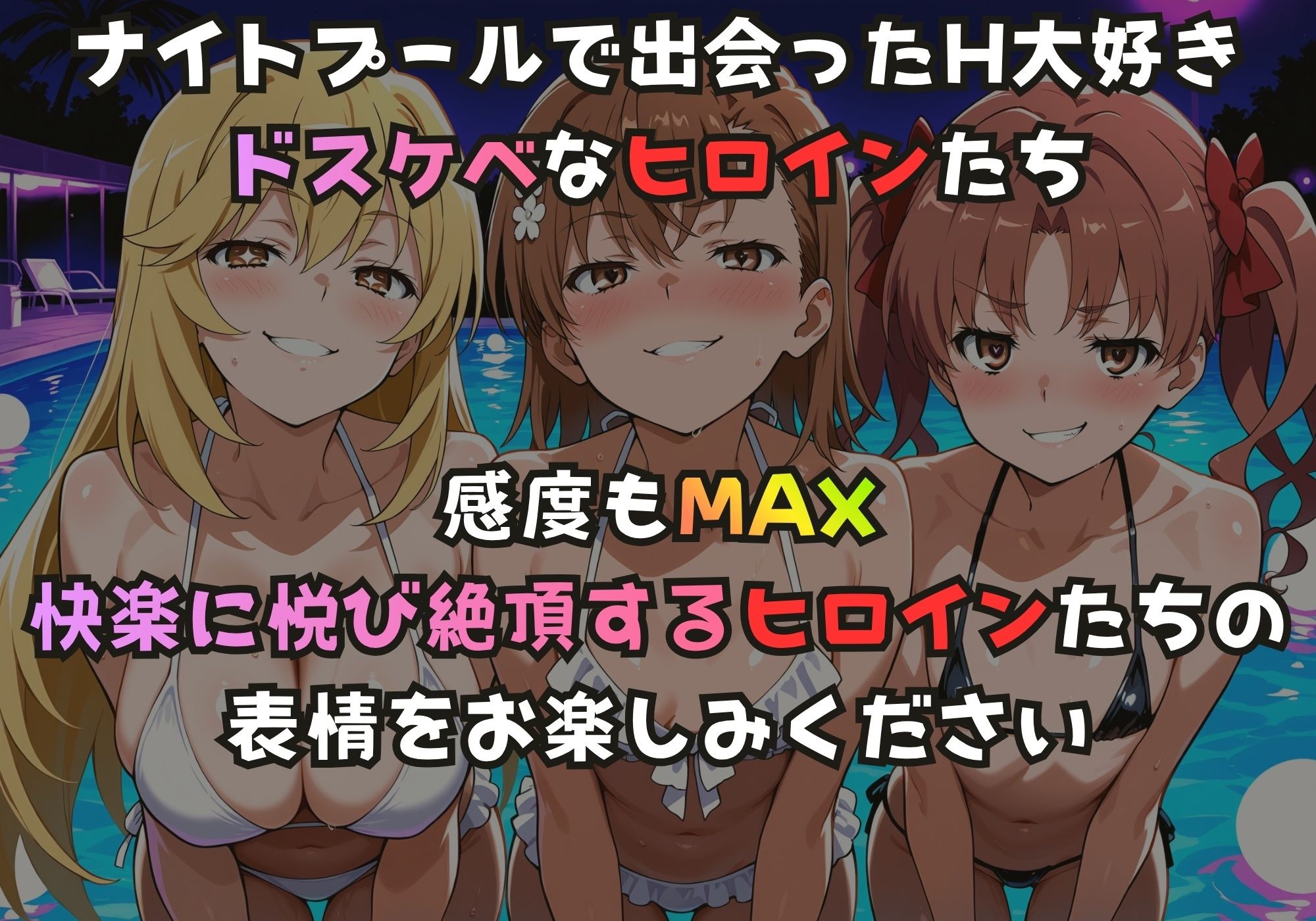 ナイトプールでガンギマるドスケベヒロイン食蜂〇折＆御坂〇琴＆白井〇子 - サンプル画像 1