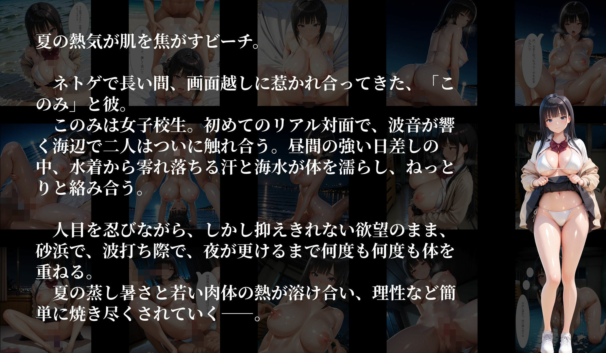 ［500枚の4K高画質（100枚以上にセリフあり）］夏浜学姦〜ネトゲ女生徒と浜辺で夜まで獣交尾〜 - サンプル画像 2