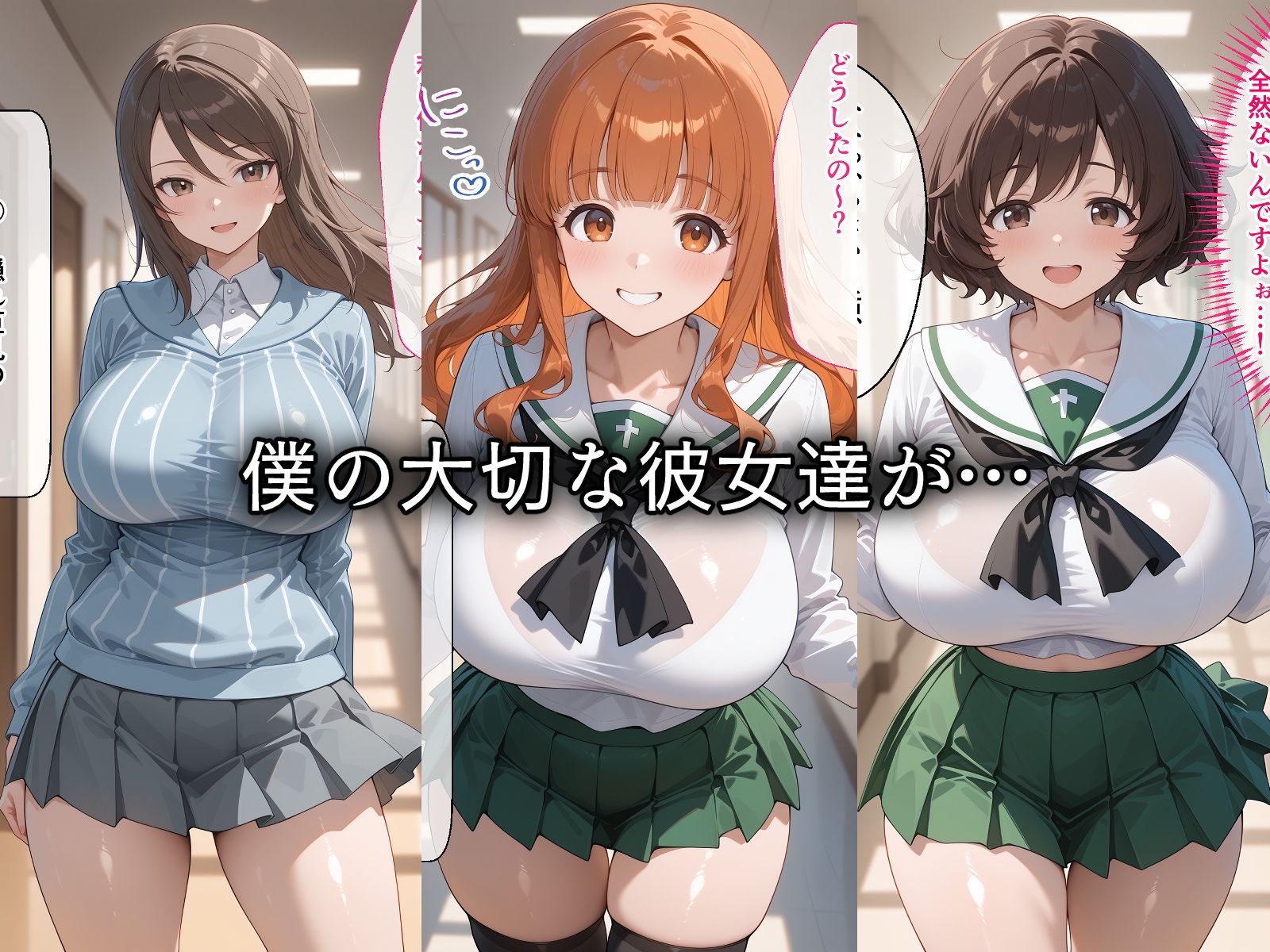 寝取られた爆乳三人娘たち〜催〇アプリで種付け完了 - サンプル画像 1