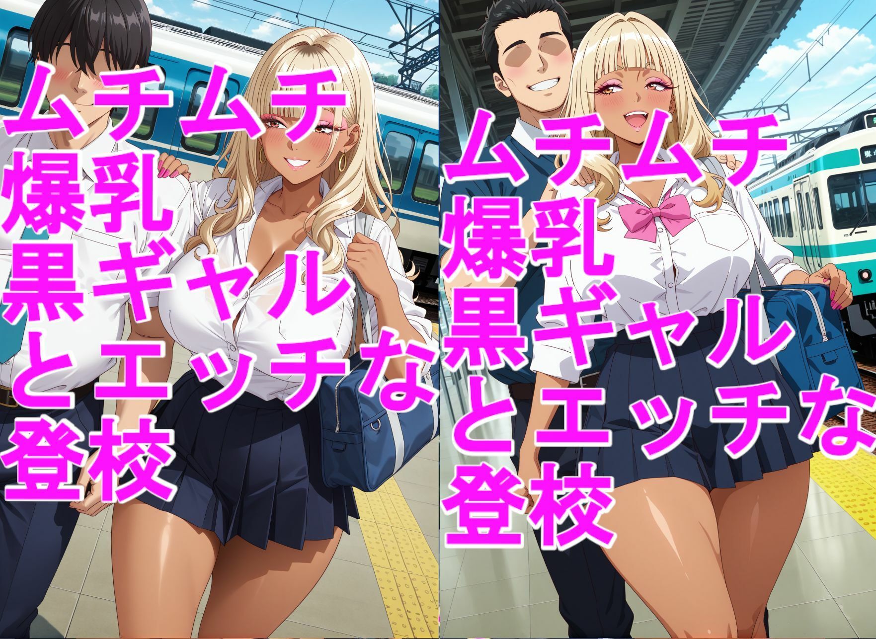 ムチムチ爆乳、黒ギャルJKとイチャイチャエッチな登校＋2部付きパンツ、パンチラ - サンプル画像 1