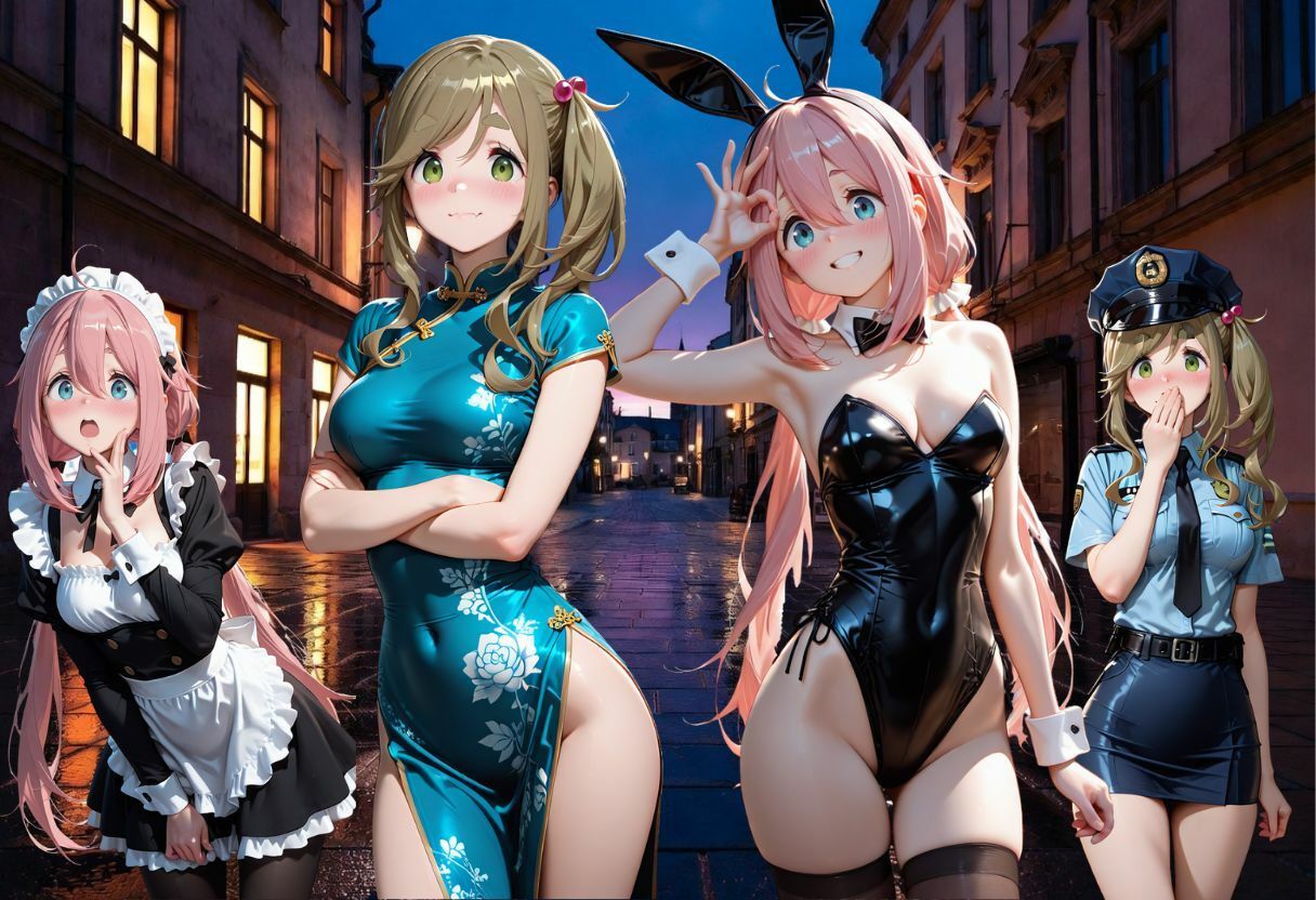 夜の街角で4人コスプレで大集合！ピンクメイド＆バニー＆チャイナドレス＆警察官がエッチに誘惑 - サンプル画像 1