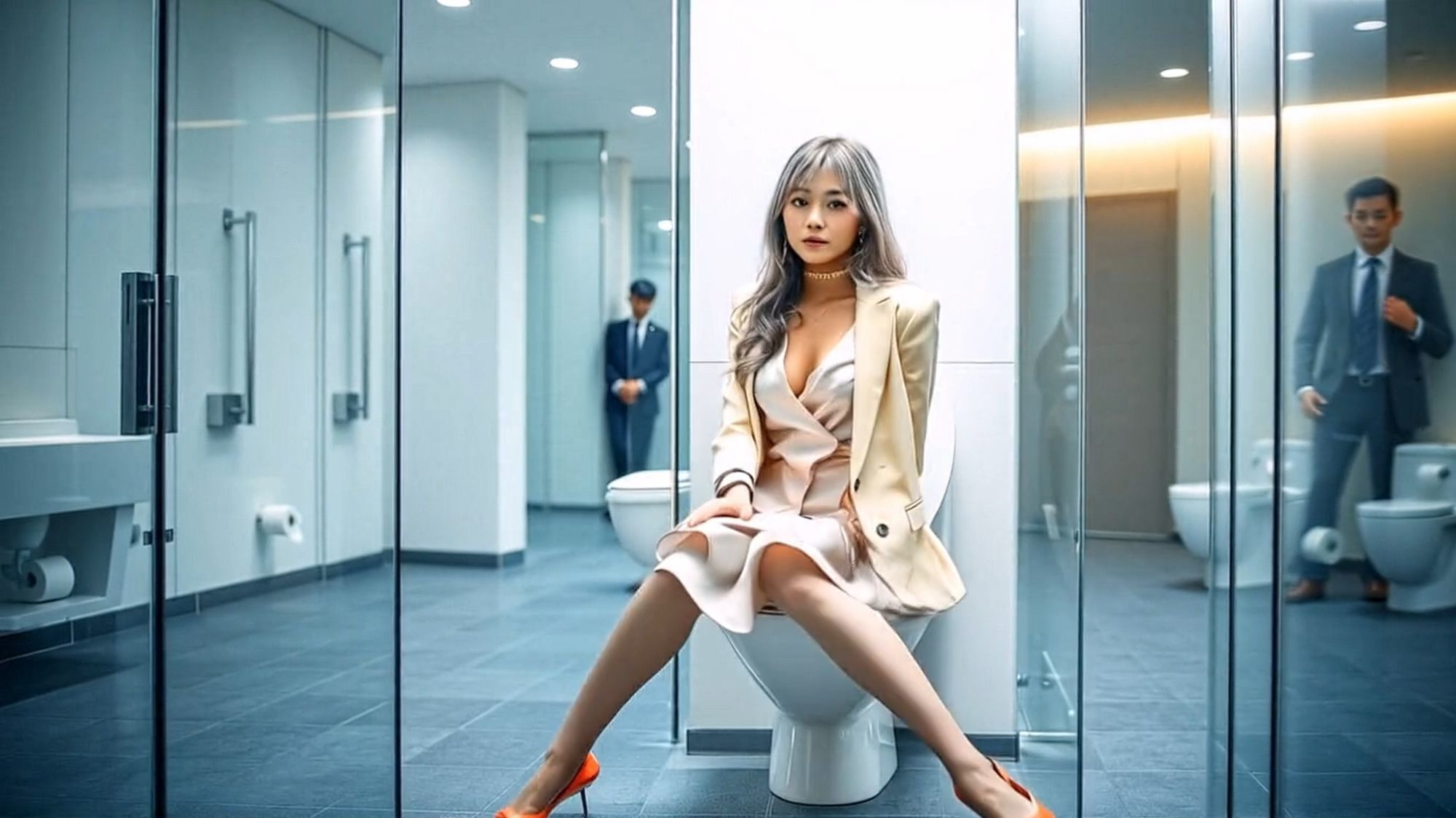 妄想24 オフィスのガラス張りまる見えトイレでOLおしっこ AI生成動画 - サンプル画像 1