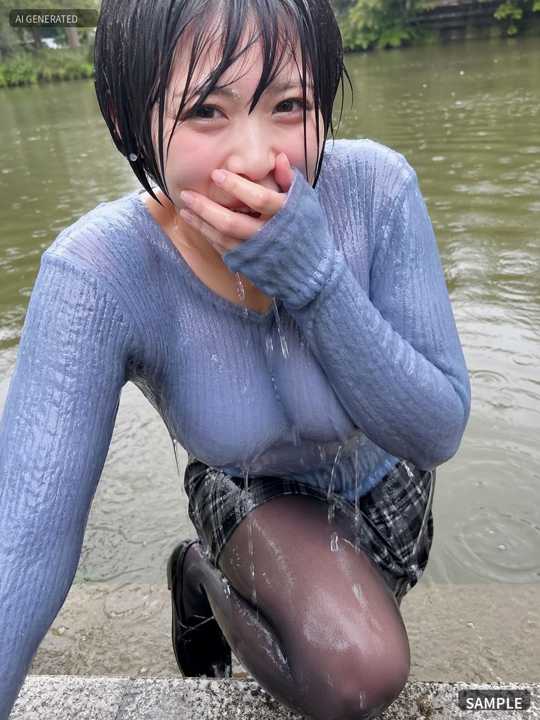青いニットのまま川でずぶ濡れ。着衣Wet AI写真集100枚 - サンプル画像 4