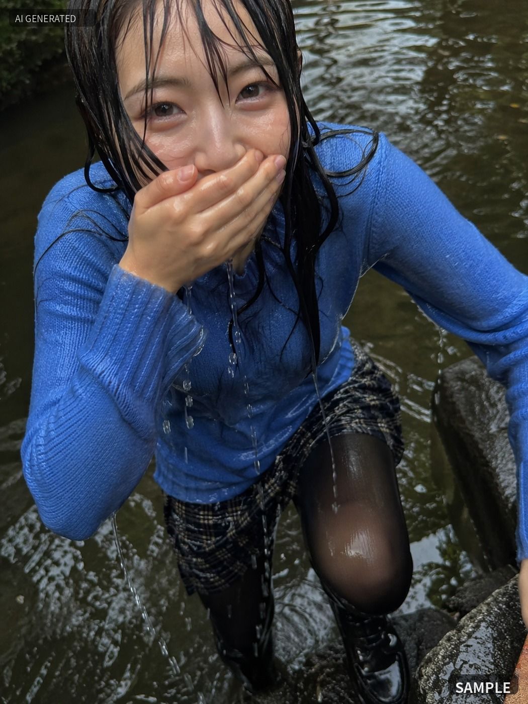 青いニットのまま川でずぶ濡れ。着衣Wet AI写真集100枚 - サンプル画像 5