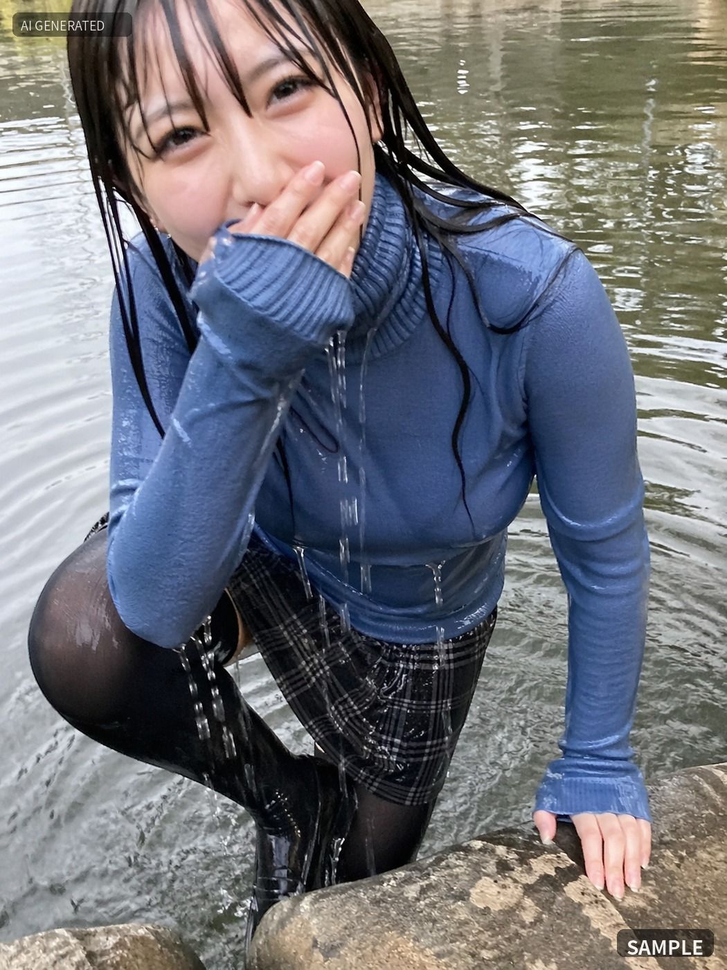 青いニットのまま川でずぶ濡れ。着衣Wet AI写真集100枚 - サンプル画像 6
