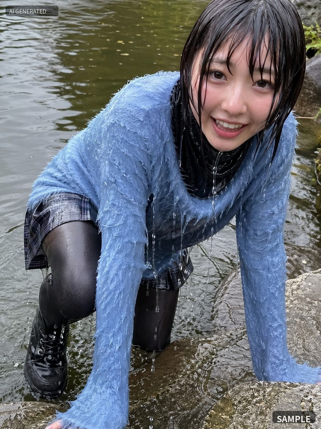 青いニットのまま川でずぶ濡れ。着衣Wet AI写真集100枚 - サンプル画像 8