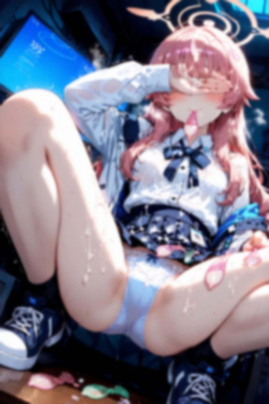 ブルアカ風のキャラがセルフ目隠しエロ蹲踞で着衣ぶっかけ使用済みゴムまみれで記念撮影 500枚 - サンプル画像 4