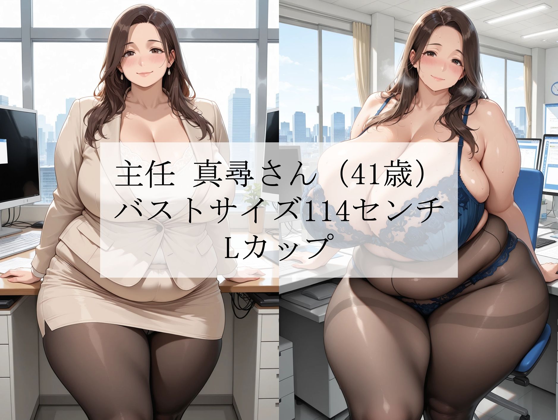 黒パンスト豊満人妻オフィスvol.1「主任真尋さん」編〜仕事のご褒美は爆乳おっぱい上司と濃厚社内セックスでした〜＜漫画風吹き出しセリフ付CG集＞ - サンプル画像 1