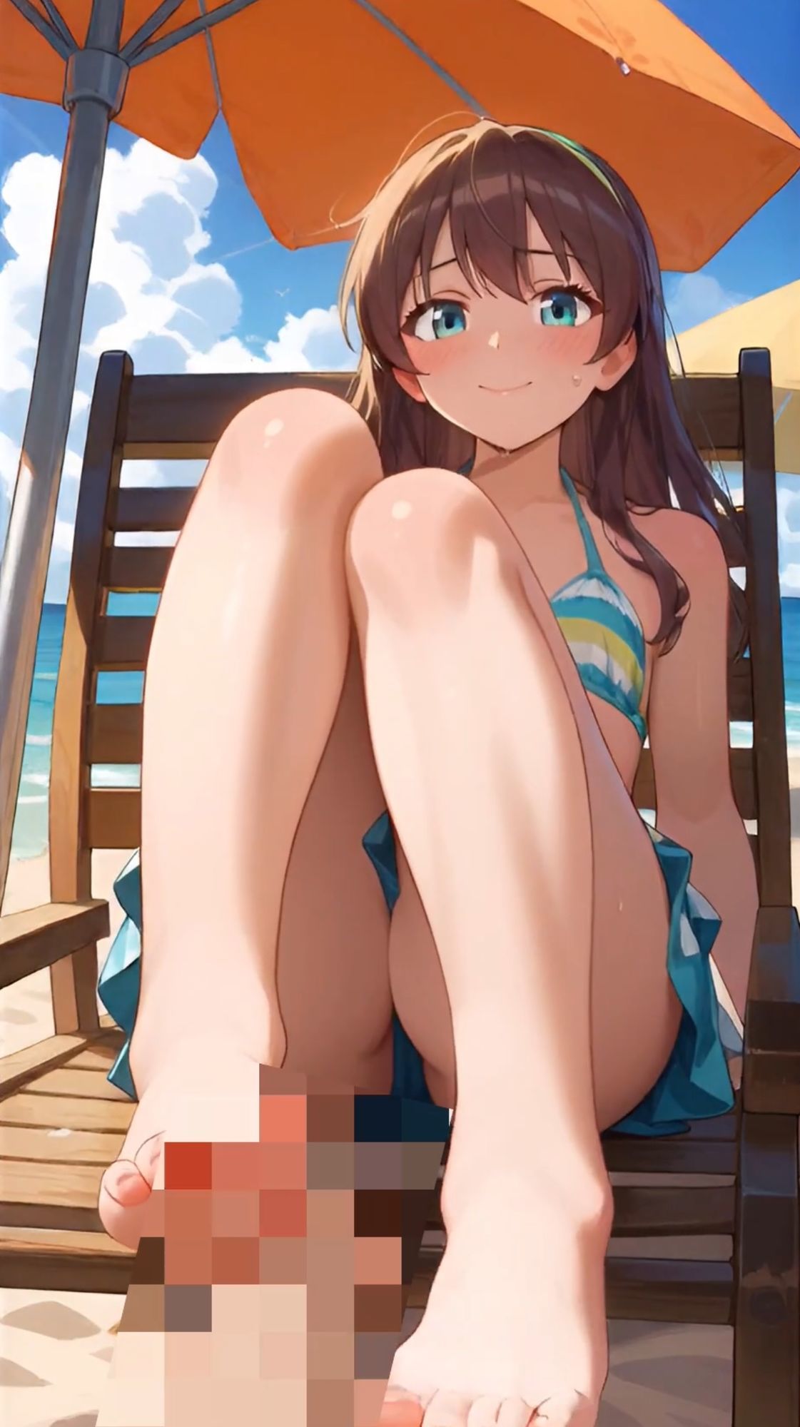【セリフ音声付きアニメ5分27秒】ビーチで女の子から足コキのオナサポ！ムチムチな太もも、スベスベなふくらはぎ、いとおしいくるぶし、ピチピチな足裏、ビキニからこぼれそうなおっぱい、脚の奥に見えるパンティーのような水着 - サンプル画像 1
