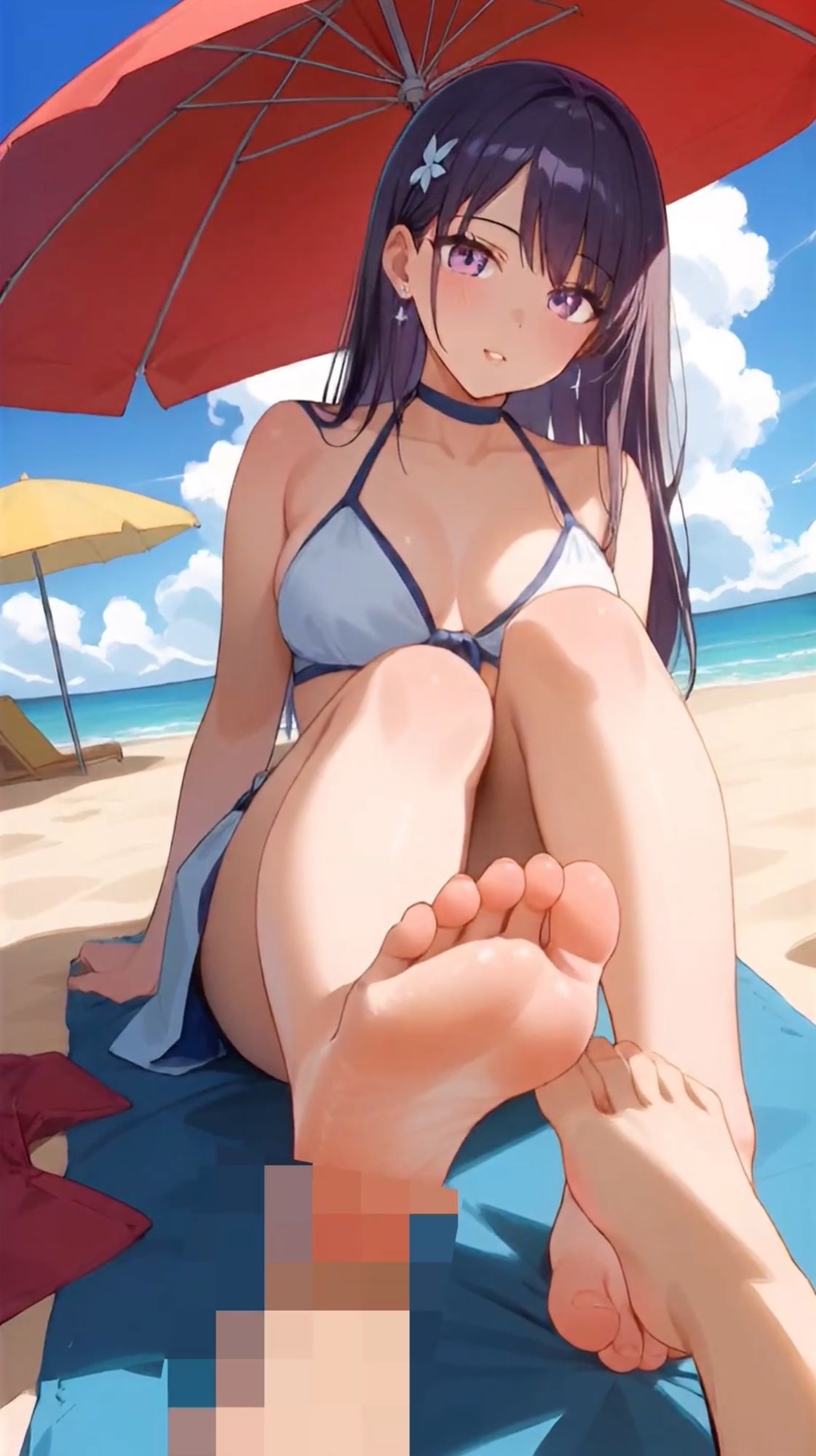 【セリフ音声付きアニメ5分27秒】ビーチで女の子から足コキのオナサポ！ムチムチな太もも、スベスベなふくらはぎ、いとおしいくるぶし、ピチピチな足裏、ビキニからこぼれそうなおっぱい、脚の奥に見えるパンティーのような水着 - サンプル画像 3