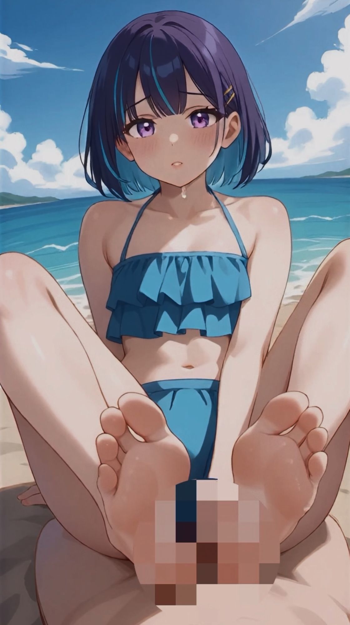 【セリフ音声付きアニメ5分27秒】ビーチで女の子から足コキのオナサポ！ムチムチな太もも、スベスベなふくらはぎ、いとおしいくるぶし、ピチピチな足裏、ビキニからこぼれそうなおっぱい、脚の奥に見えるパンティーのような水着 - サンプル画像 6