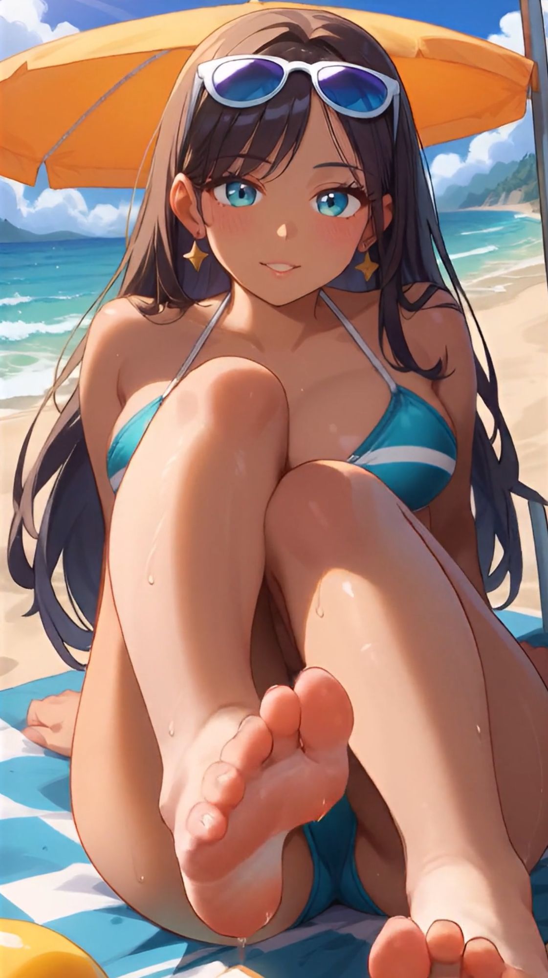 【セリフ音声付きアニメ5分27秒】ビーチで女の子から足コキのオナサポ！ムチムチな太もも、スベスベなふくらはぎ、いとおしいくるぶし、ピチピチな足裏、ビキニからこぼれそうなおっぱい、脚の奥に見えるパンティーのような水着 - サンプル画像 7