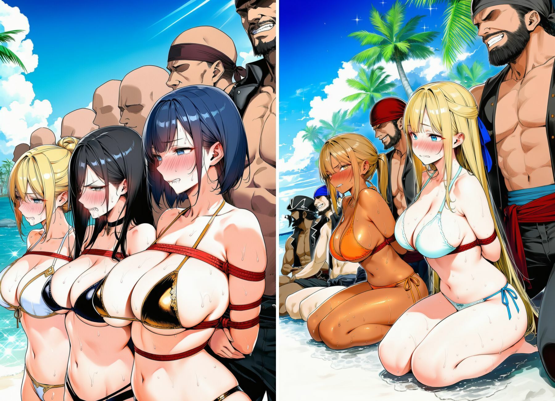 女戦士パーティー陥落記〜水着編 巨乳女戦士5人、南国の海賊島で堕とされる〜 - サンプル画像 3